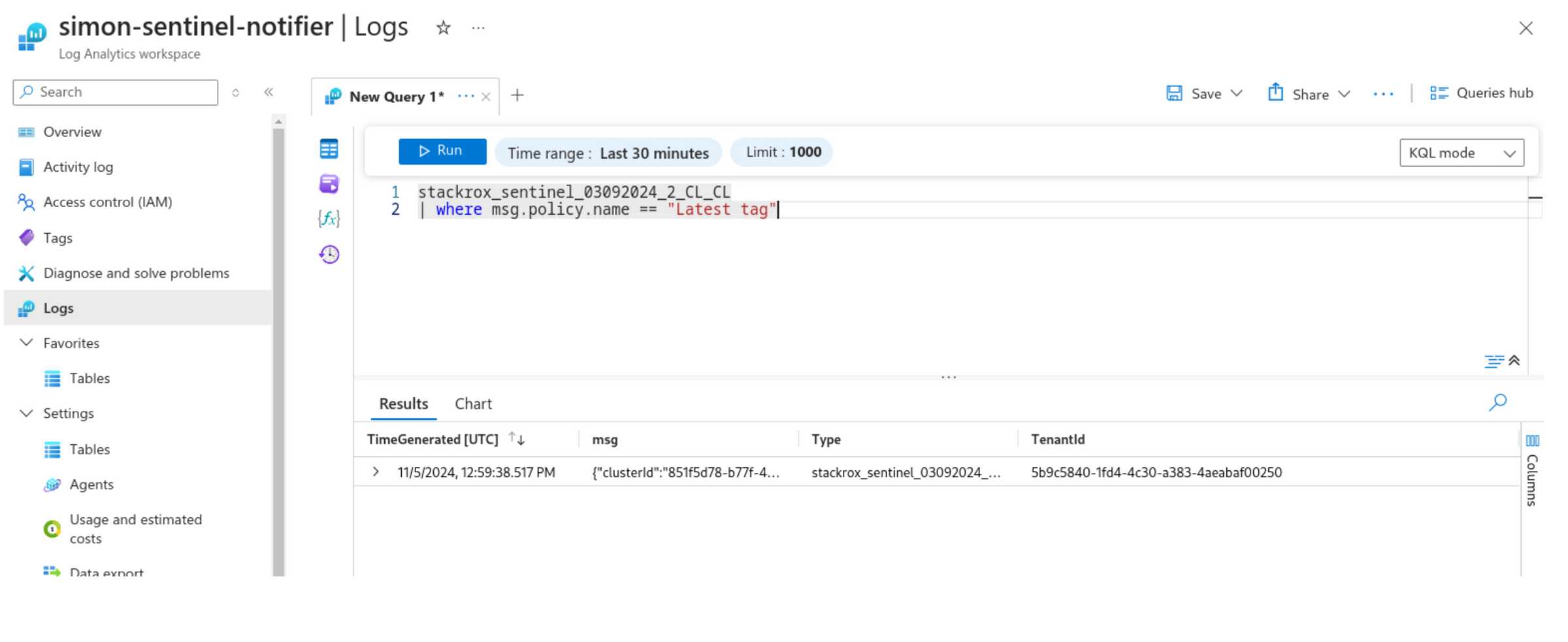 Screen shot of Azure sentinel query rule